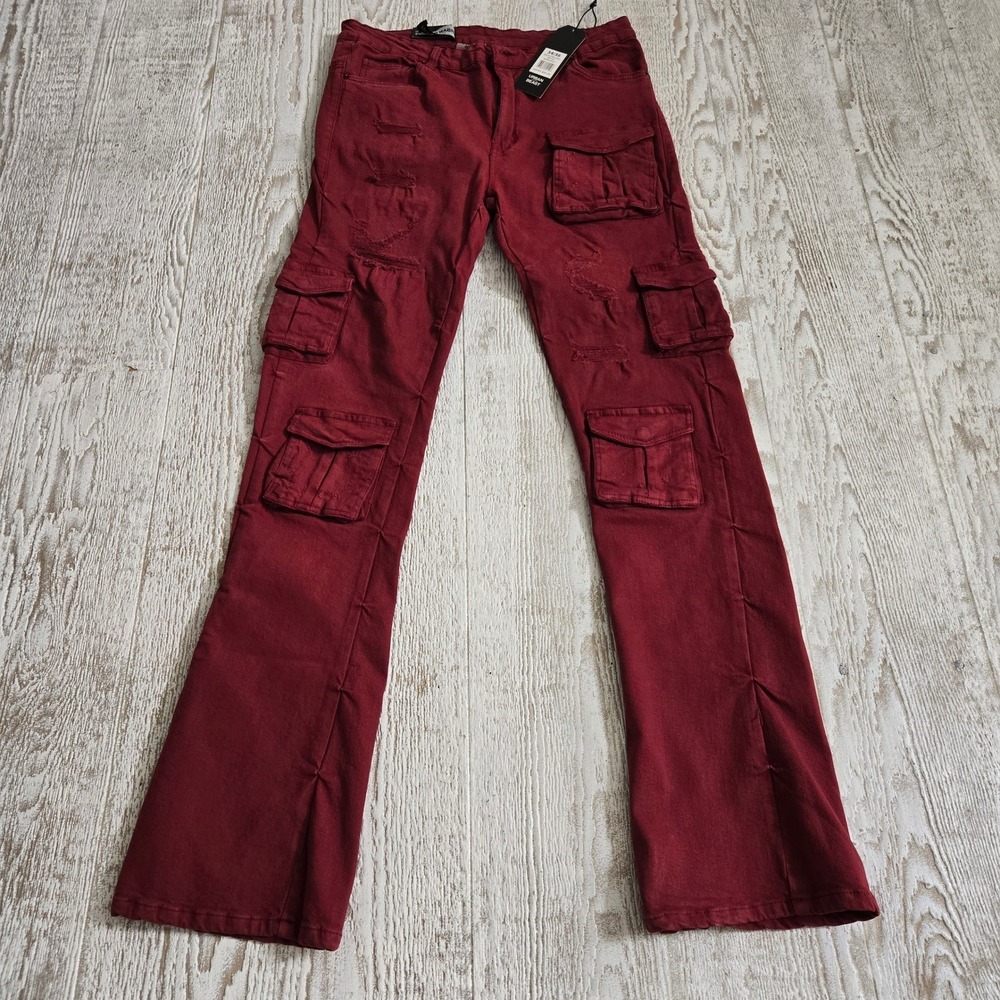 NWT Urban Beast Men Stacked Fit Distressed Cargo Jeans Burgundy Red Size 34x36